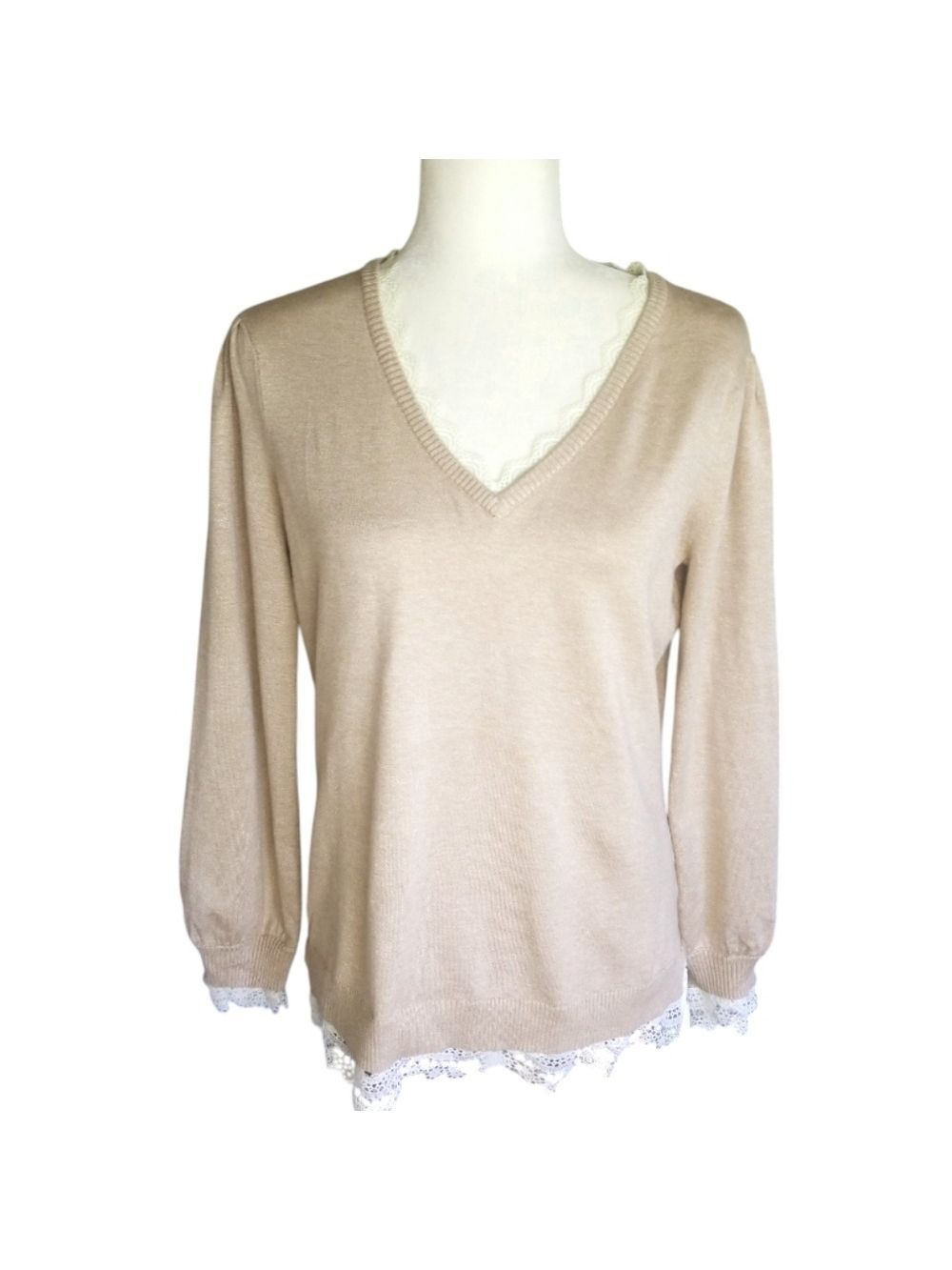 Adrianna Papell V-Neck Sweater Light Beige with Lace Detail